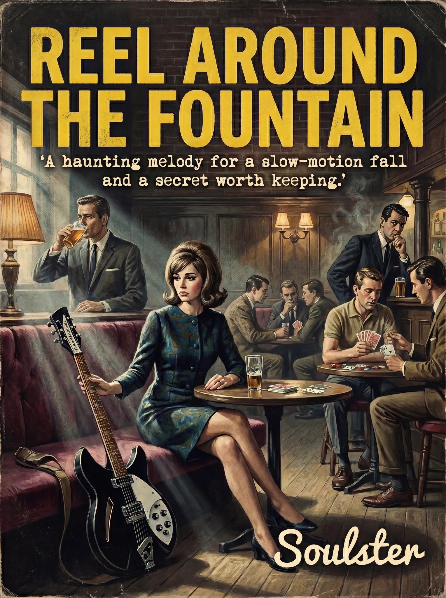Soulster cinematic vintage pulp book cover art print illustration styled in a classic 1960s design layout inspired by Reel Around The Fountain.