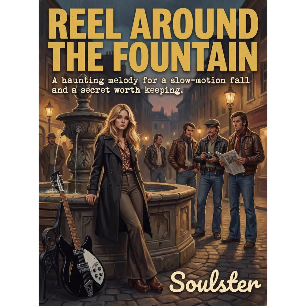 Soulster cinematic vintage pulp book cover art print illustration styled in a classic 1970s design layout inspired by Reel Around The Fountain.