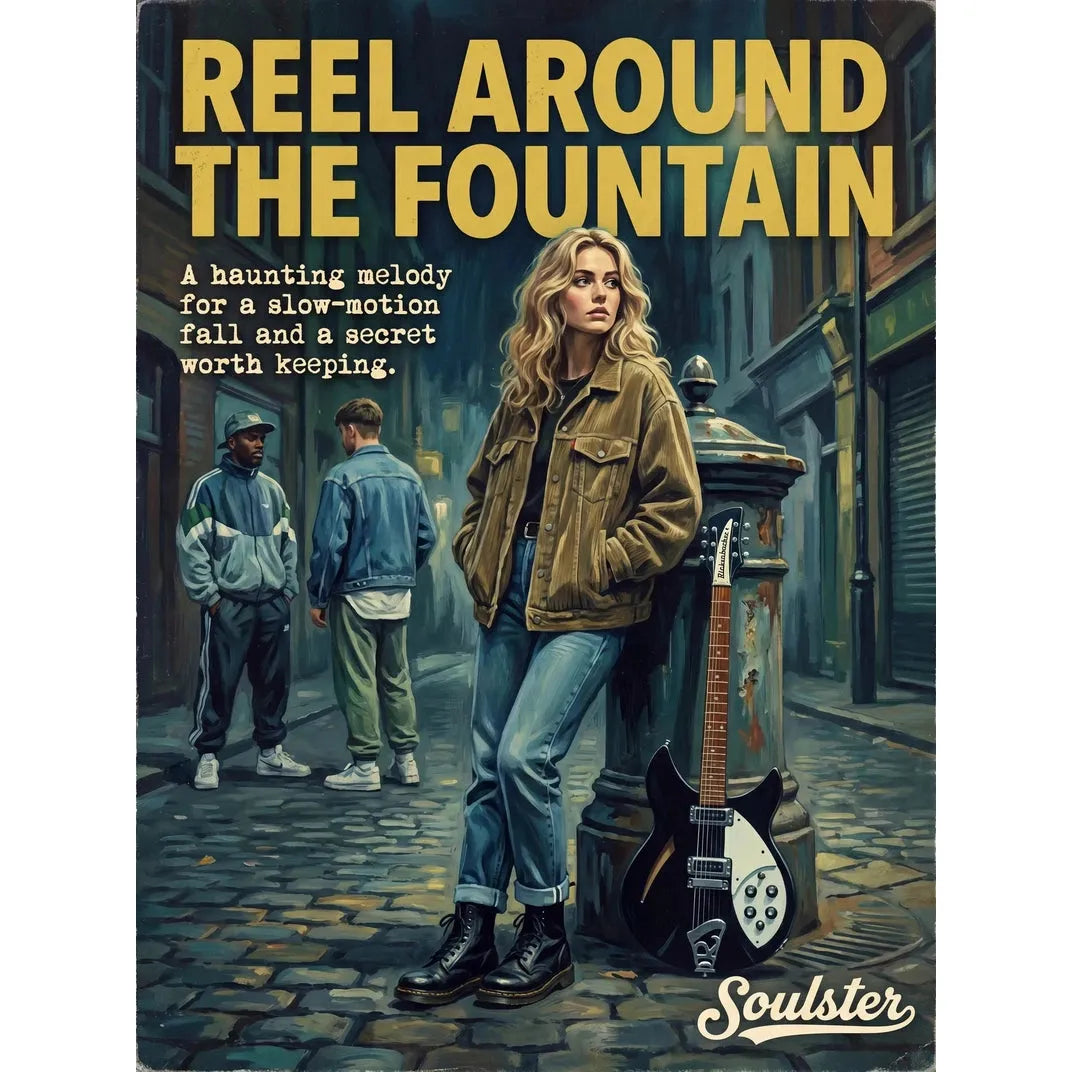 Soulster cinematic vintage pulp book cover art print illustration styled in a classic 1990s design layout inspired by Reel Around The Fountain.