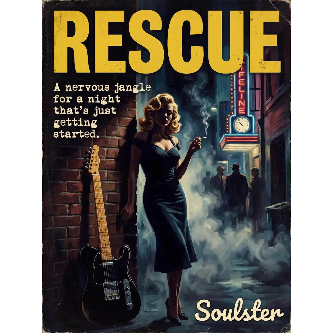 Soulster cinematic vintage pulp book cover art print illustration styled in a classic 1950s design layout inspired by Rescue.