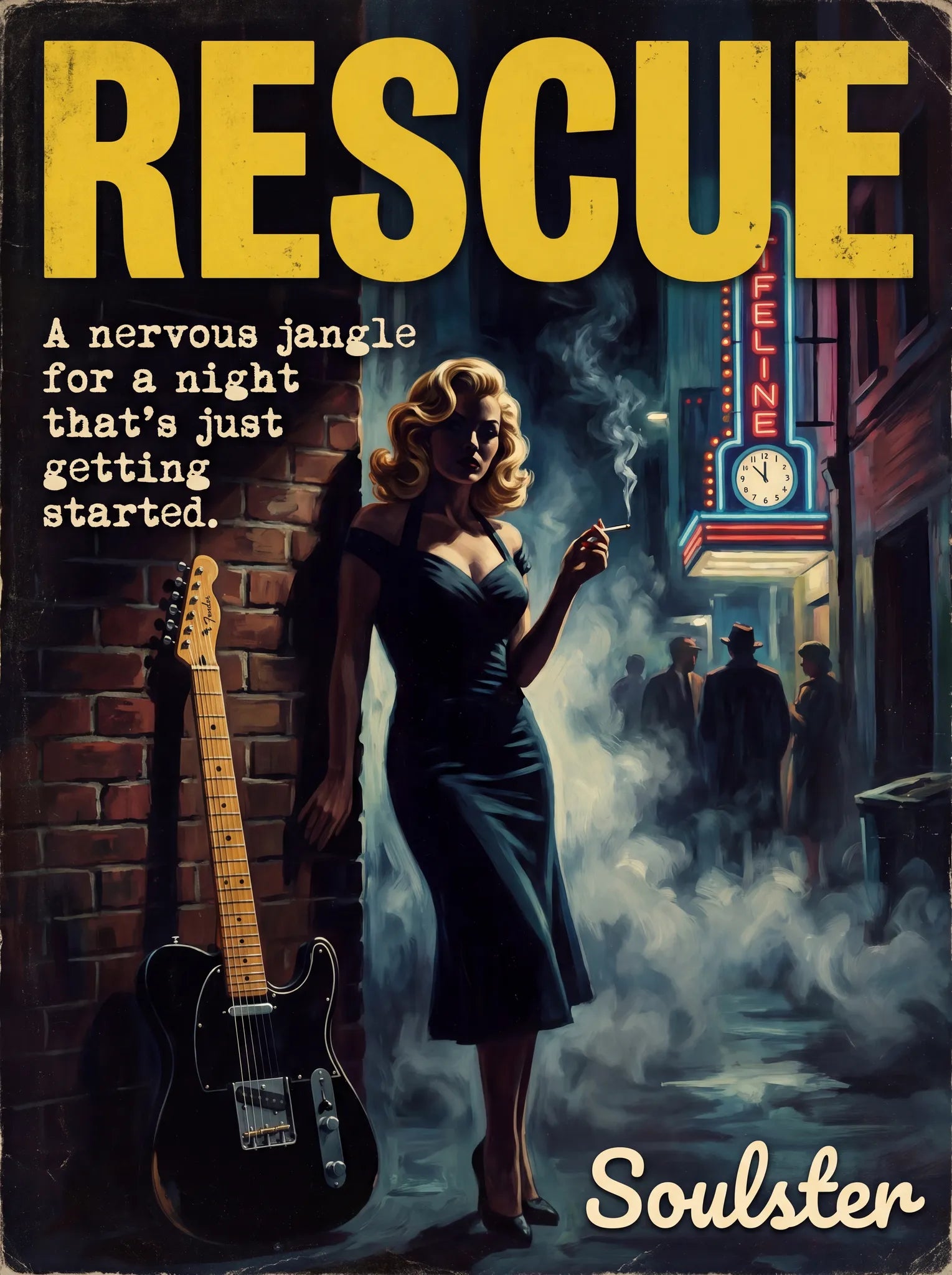 Soulster cinematic vintage pulp book cover art print illustration styled in a classic 1950s design layout inspired by Rescue.
