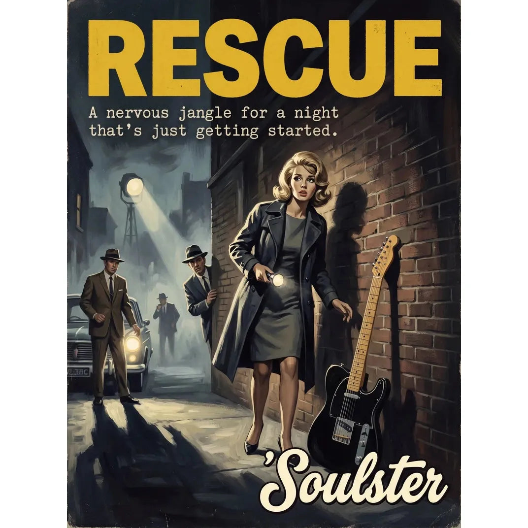 Soulster cinematic vintage pulp book cover art print illustration styled in a classic 1960s design layout inspired by Rescue.