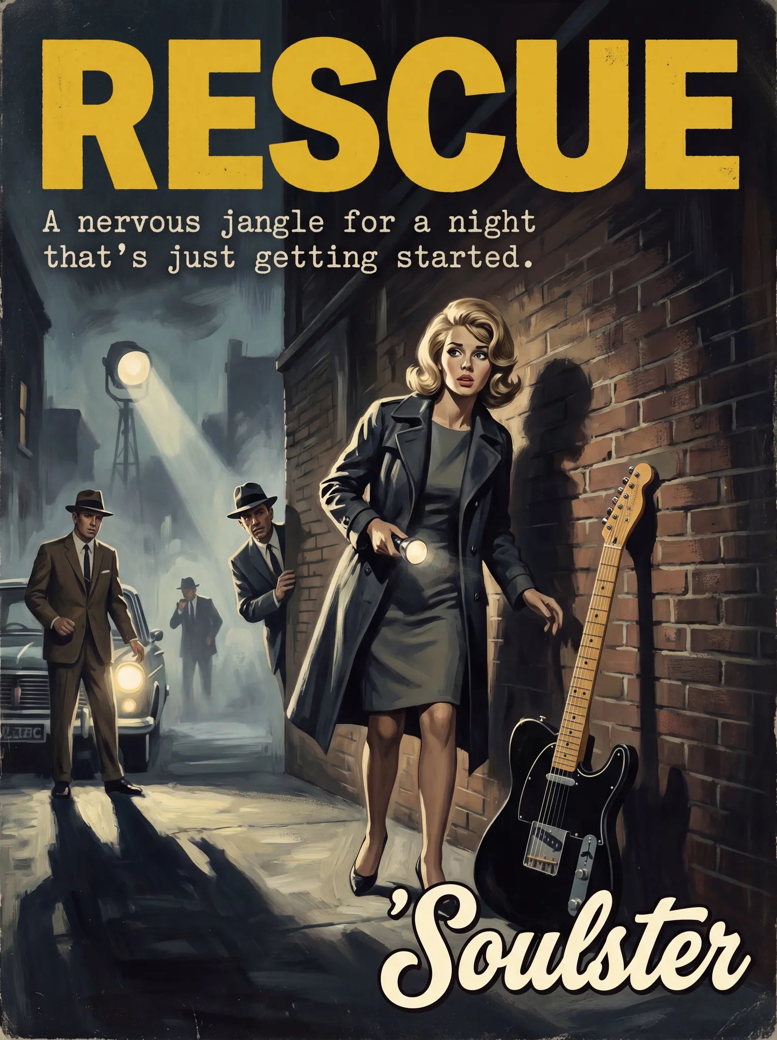 Soulster cinematic vintage pulp book cover art print illustration styled in a classic 1960s design layout inspired by Rescue.