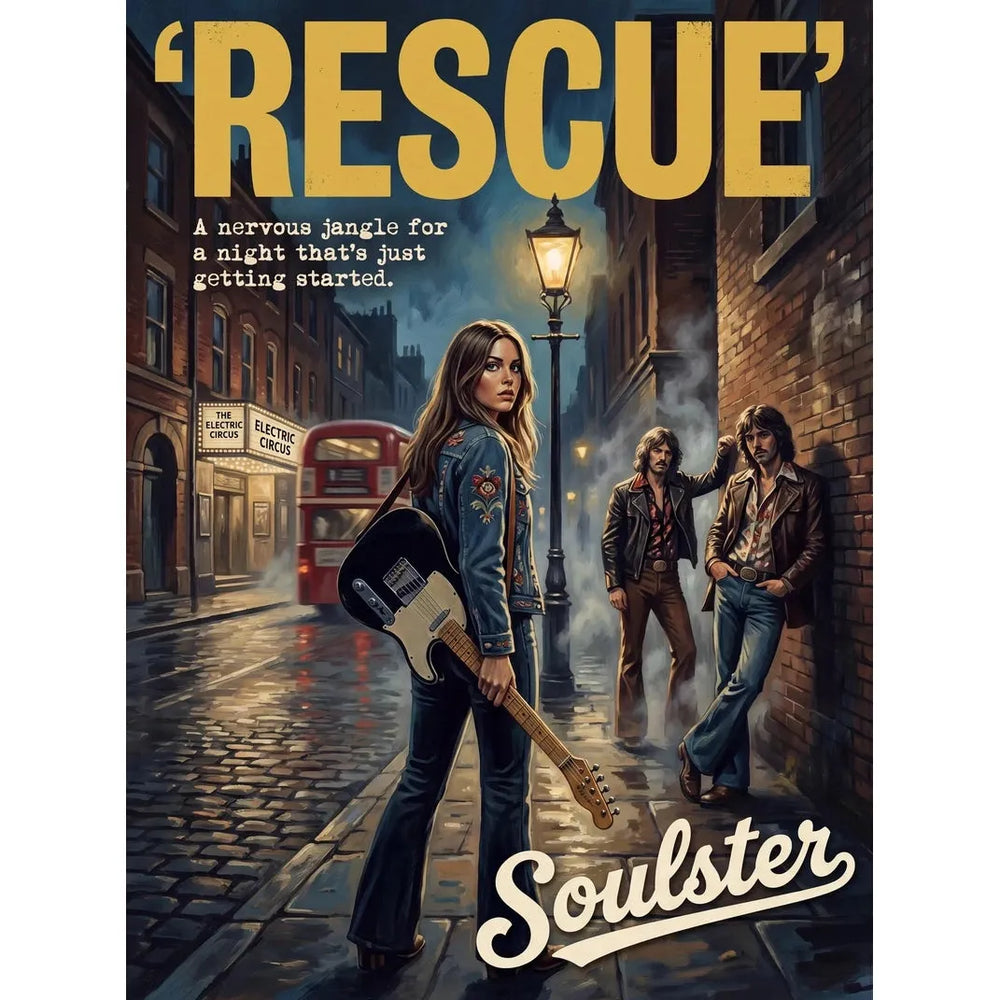 Soulster cinematic vintage pulp book cover art print illustration styled in a classic 1970s design layout inspired by Rescue.