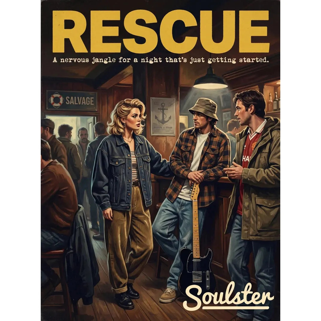 Soulster cinematic vintage pulp book cover art print illustration styled in a classic 1990s design layout inspired by Rescue.