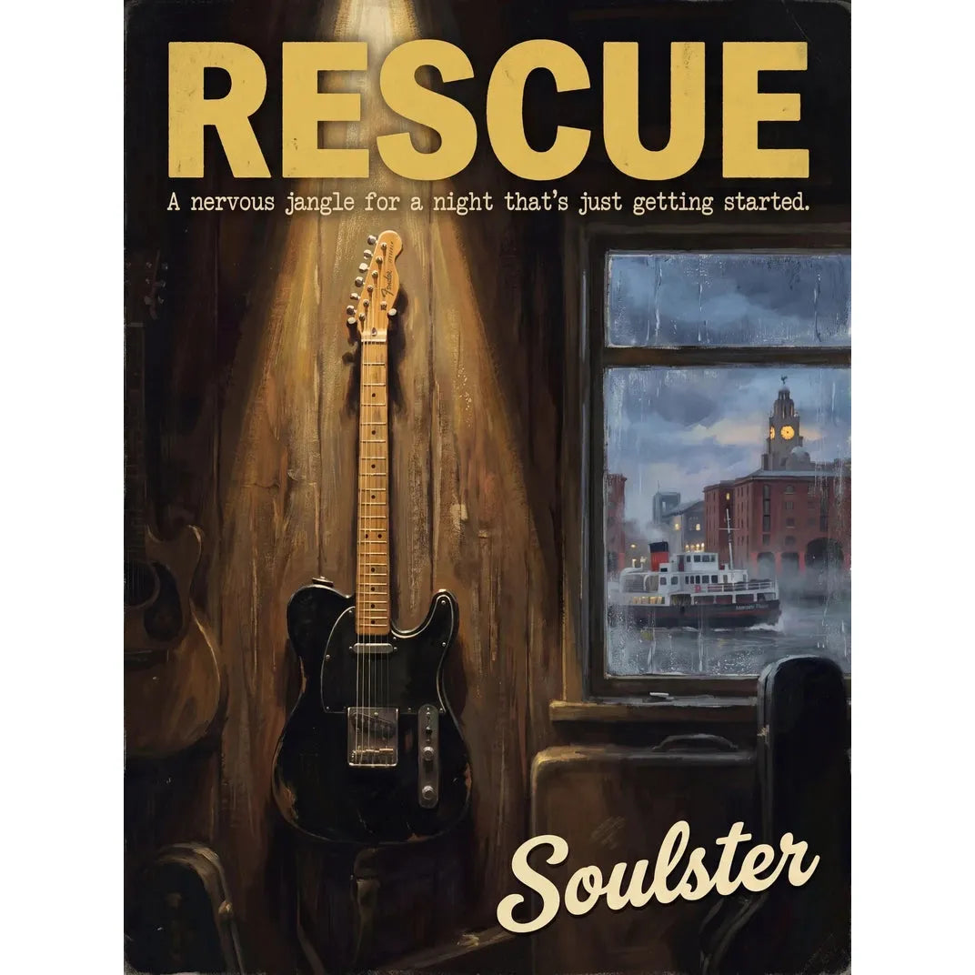 Soulster Manchester Edition wall art print showing a cinematic pulp style design of a Vintage Guitar inspired by Rescue - Liverpool.