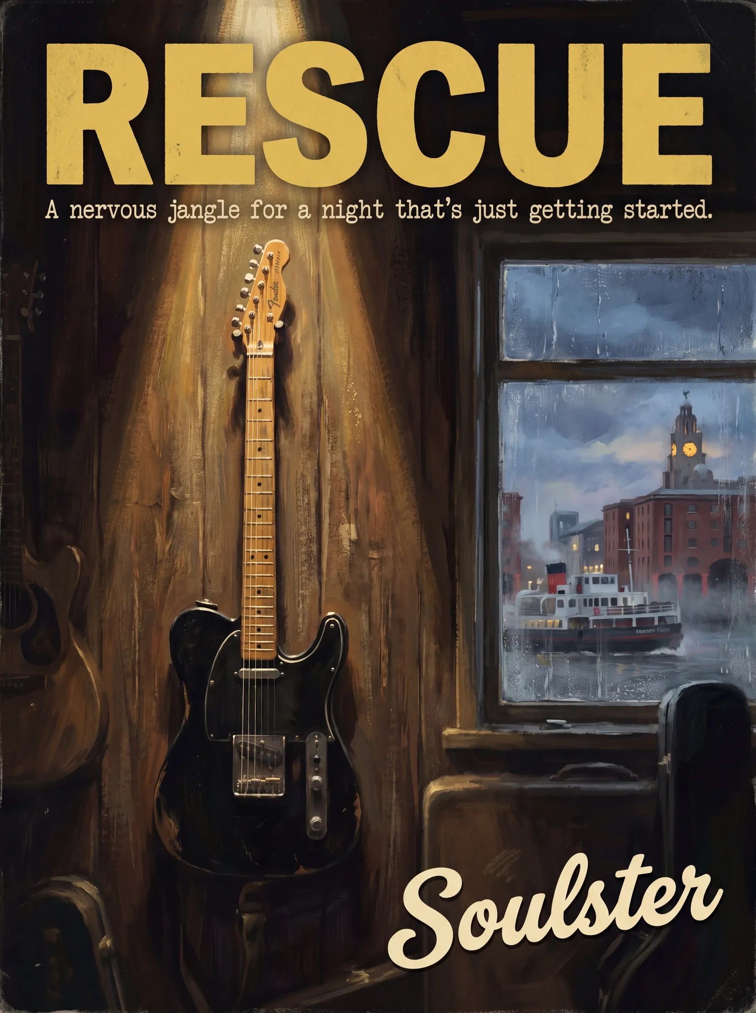 Soulster Manchester Edition wall art print showing a cinematic pulp style design of a Vintage Guitar inspired by Rescue - Liverpool.