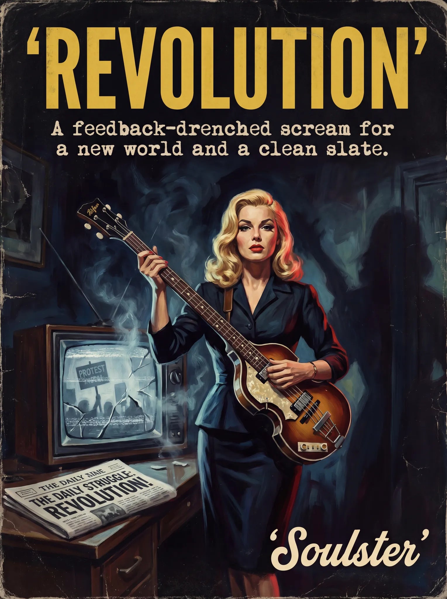Soulster cinematic vintage pulp book cover art print illustration styled in a classic 1950s design layout inspired by Revolution.