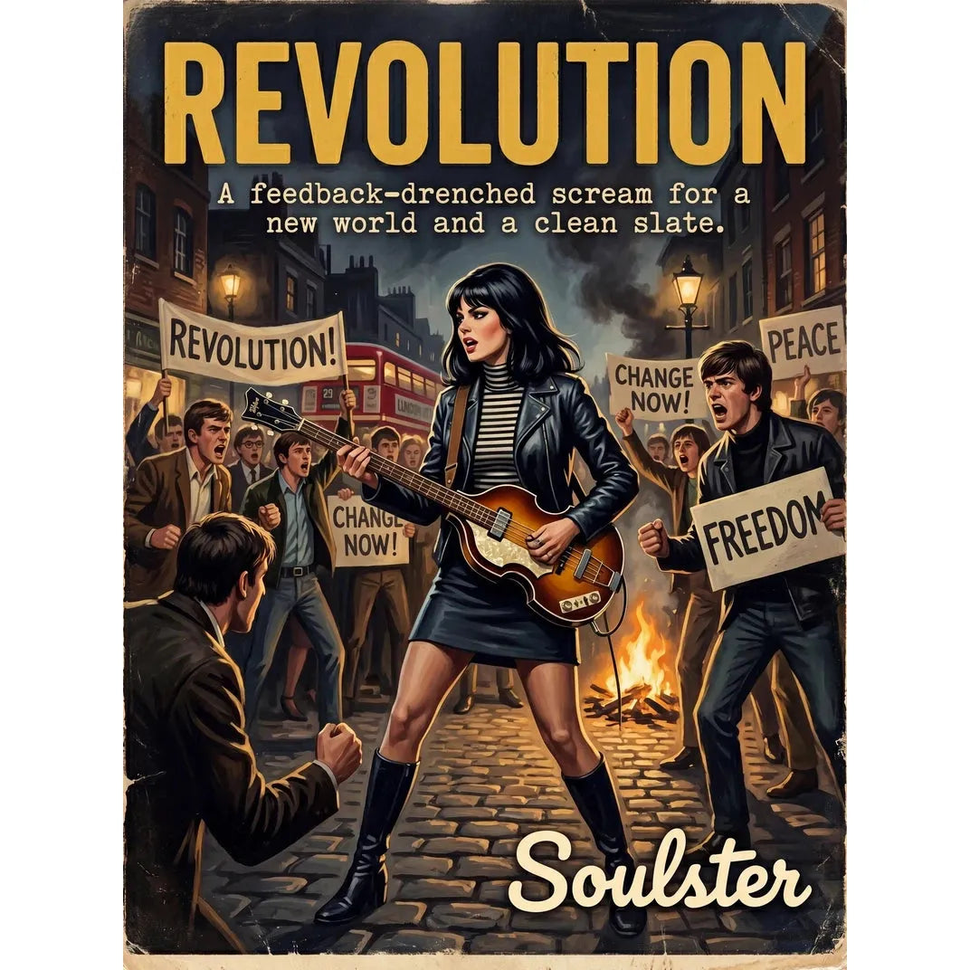 Soulster cinematic vintage pulp book cover art print illustration styled in a classic 1960s design layout inspired by Revolution.