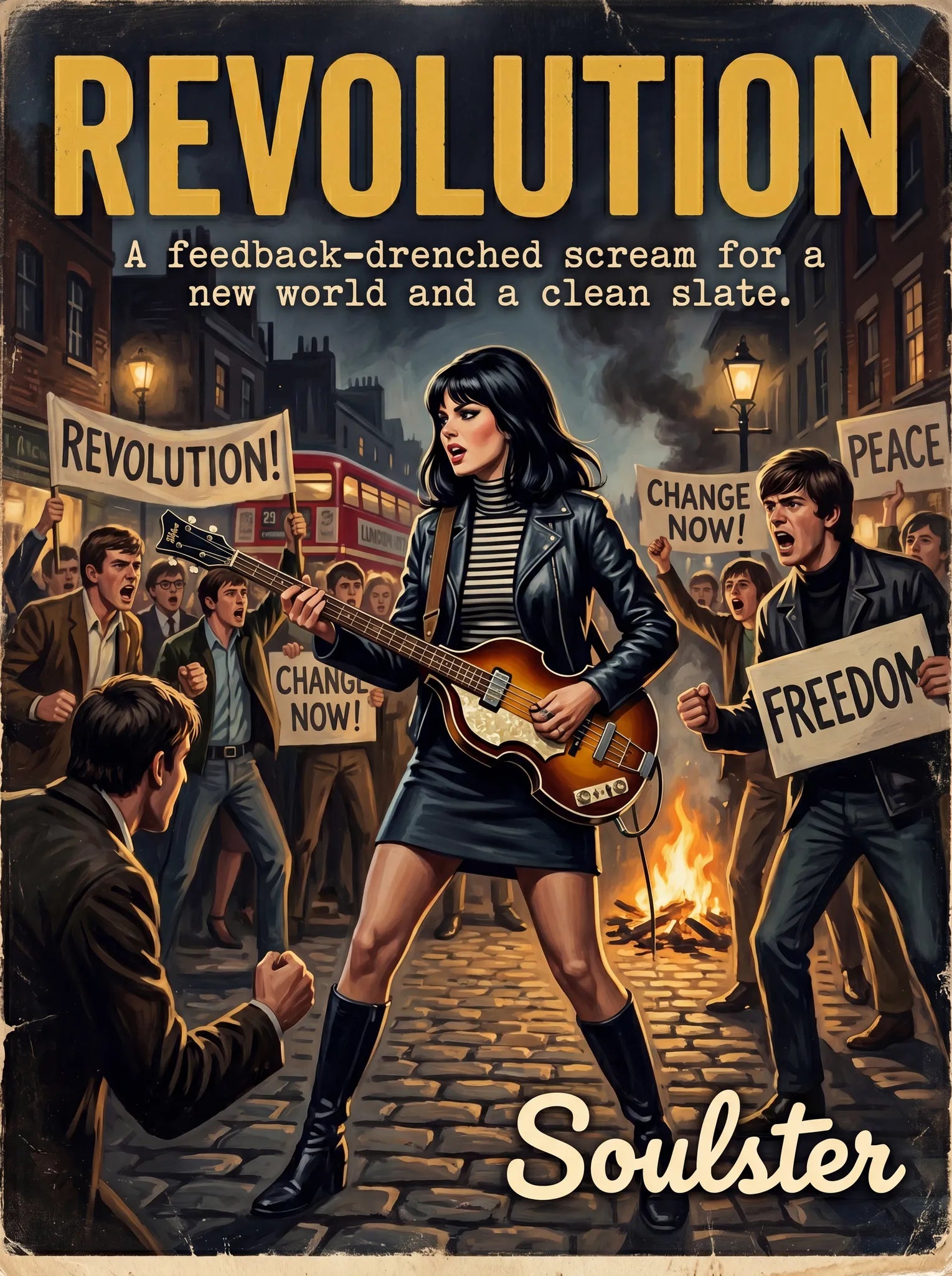 Soulster cinematic vintage pulp book cover art print illustration styled in a classic 1960s design layout inspired by Revolution.