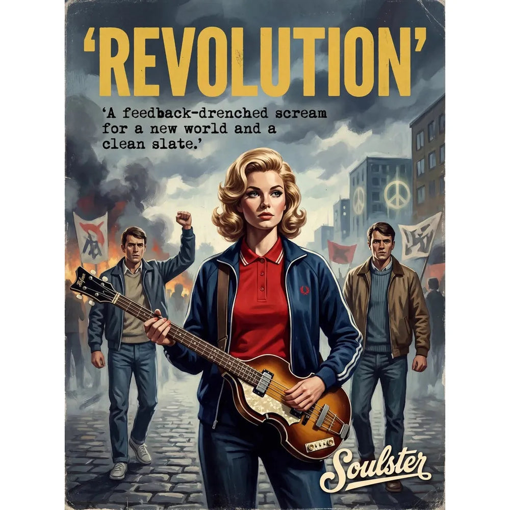 Soulster retro pulp thriller book cover style art print illustration inspired by The Beatles - Revolution.