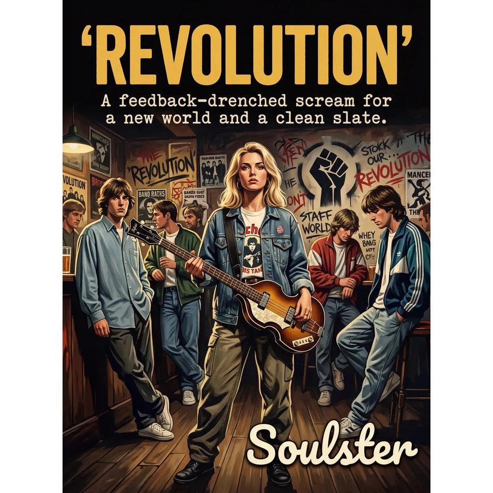 Soulster cinematic vintage pulp book cover art print illustration styled in a classic 1990s design layout inspired by Revolution.