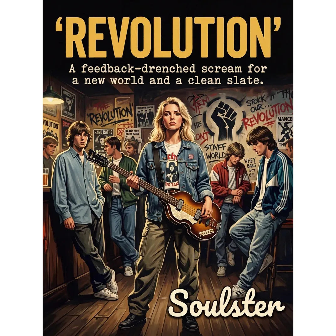 Soulster cinematic vintage pulp book cover art print illustration styled in a classic 1990s design layout inspired by Revolution.
