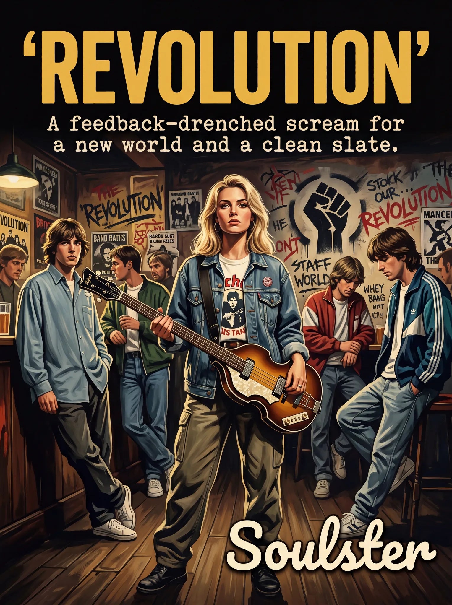 Soulster cinematic vintage pulp book cover art print illustration styled in a classic 1990s design layout inspired by Revolution.