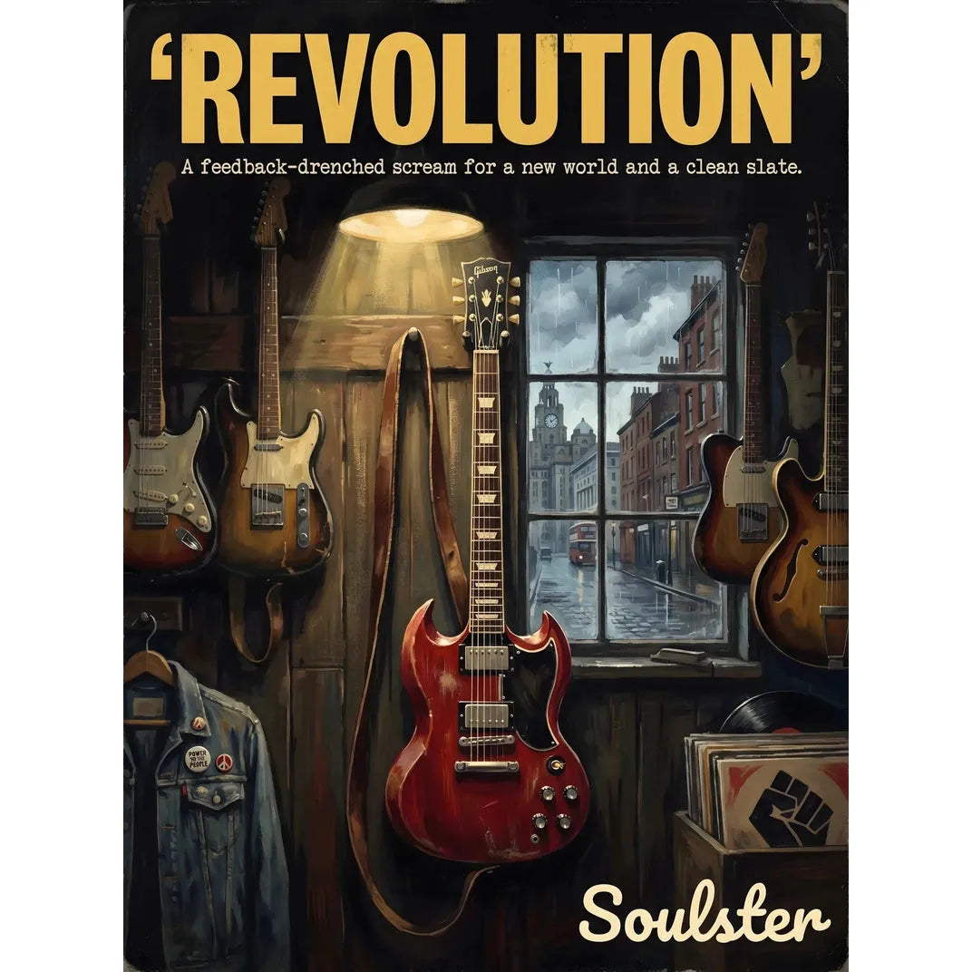 Soulster Manchester Edition wall art print showing a cinematic pulp style design of a Vintage Guitar inspired by Revolution - Liverpool.