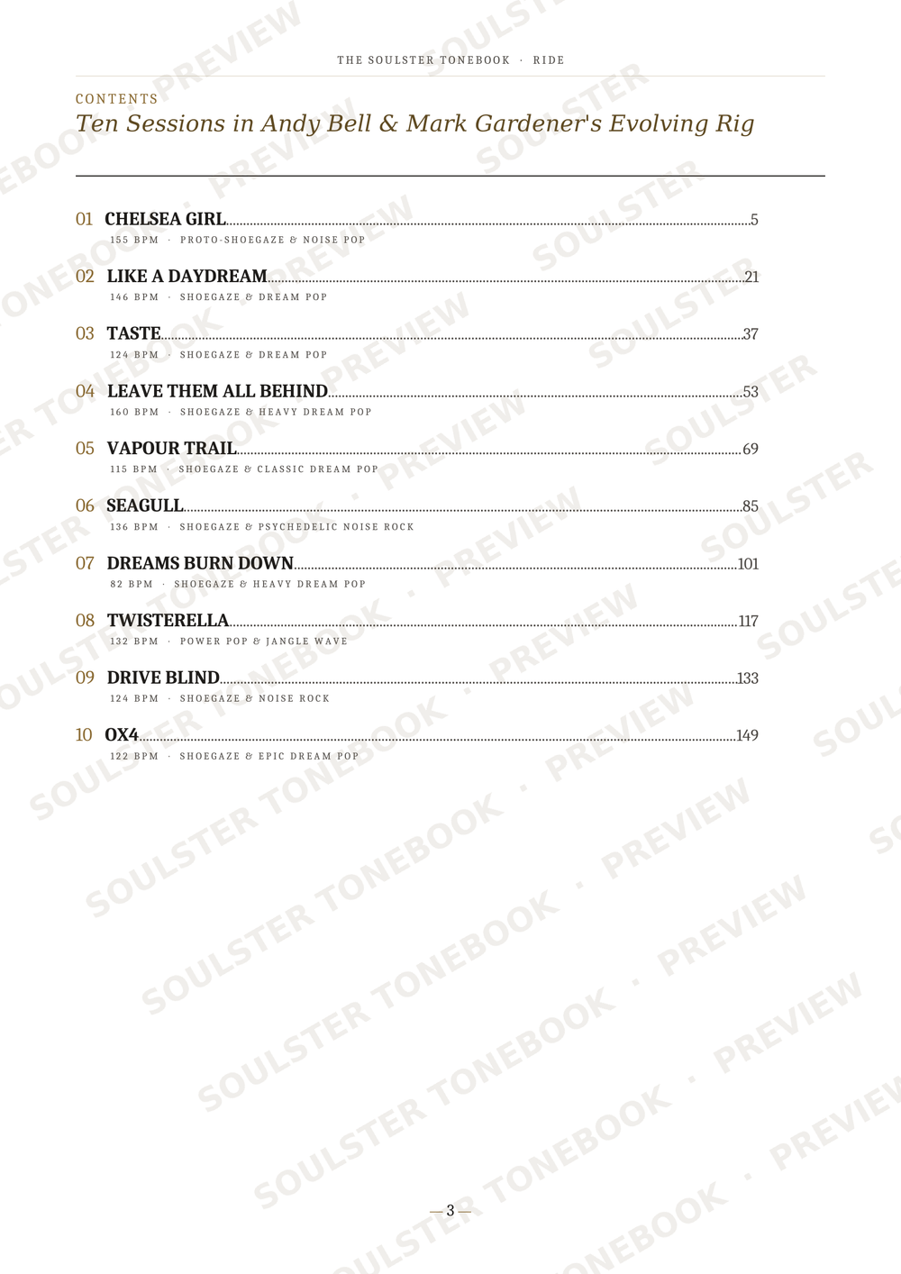 A printed page from a songbook or music book showing a table of contents with song titles, numbers, and page numbers, titled 'Ten Sessions in Andy Bell & Mark Gardener's Evolving Rig.' The page is mostly white with black text and repeated diagonal 'SOULSTATER TONEBOOK PREVIEW' watermarks across it.