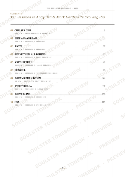 A printed page from a songbook or music book showing a table of contents with song titles, numbers, and page numbers, titled 'Ten Sessions in Andy Bell & Mark Gardener's Evolving Rig.' The page is mostly white with black text and repeated diagonal 'SOULSTATER TONEBOOK PREVIEW' watermarks across it.
