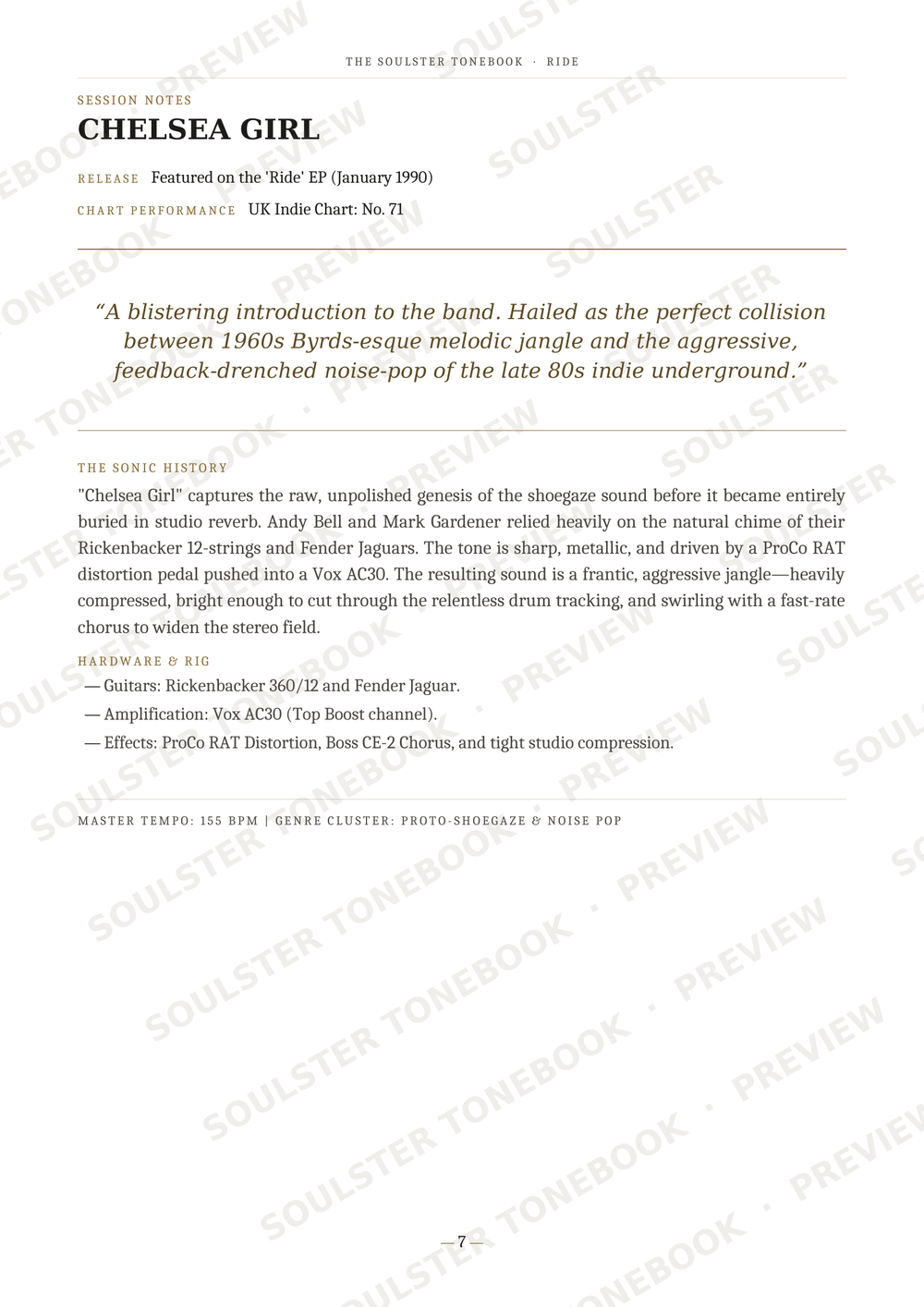 A printed page from a music publication featuring an article about Chelsea Girl, with the band name at the top, review text, credits, and a small track listing. The page is mostly white with black text and repeated diagonal watermark text across the image.