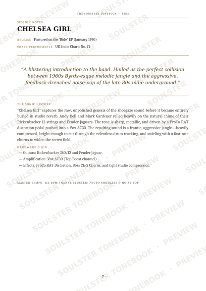 A printed page from a music publication featuring an article about Chelsea Girl, with the band name at the top, review text, credits, and a small track listing. The page is mostly white with black text and repeated diagonal watermark text across the image.