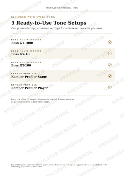 A text-based page from The Soulster Tonebook titled '5 Ready-to-Use Tone Setsups' with listed compatible gear including Boss multi-effects units, Kemper profiles, and profile stages. The page has a white background with black text and pale beige highlighted sections, overlaid with repeated diagonal Soulster watermark text.