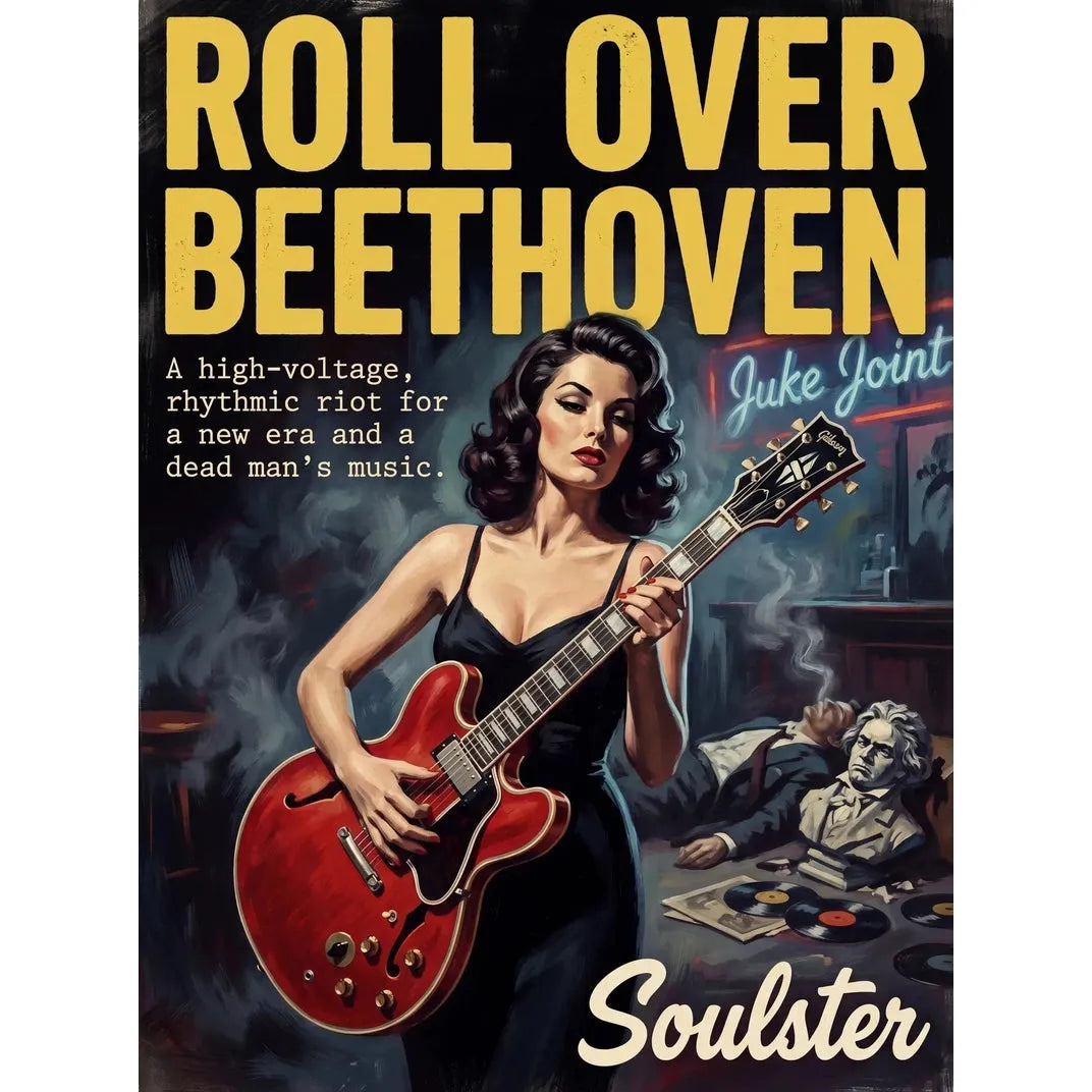 Soulster cinematic vintage pulp book cover art print illustration styled in a classic 1950s theme inspired by Roll Over Beethoven.