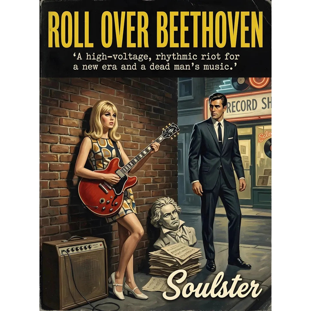 Soulster cinematic vintage pulp book cover art print illustration styled in a classic 1960s theme inspired by Roll Over Beethoven.
