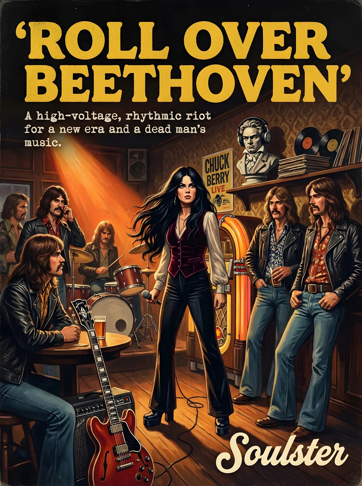 Soulster cinematic vintage pulp book cover art print illustration styled in a classic 1970s theme inspired by Roll Over Beethoven.