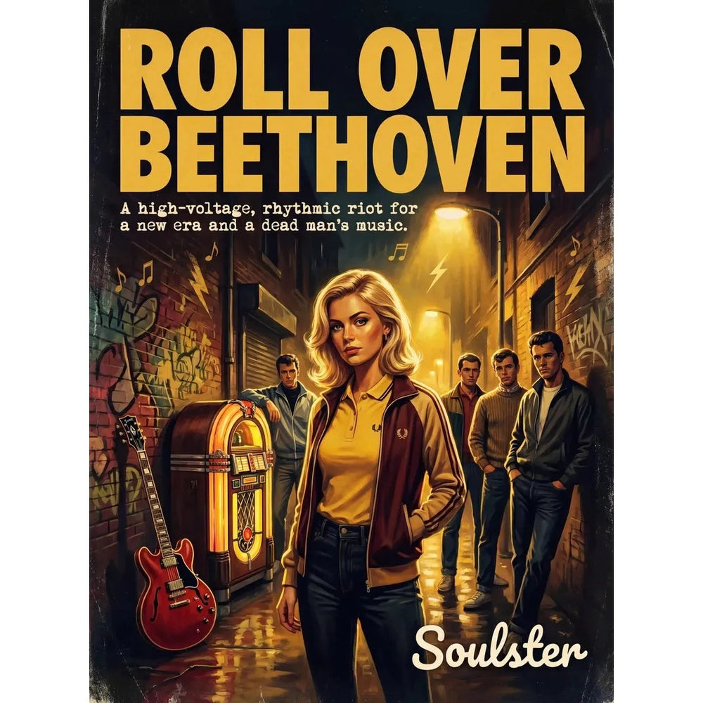 Soulster retro pulp thriller book cover style art print illustration inspired by Alternative Indie - Roll Over Beethoven.