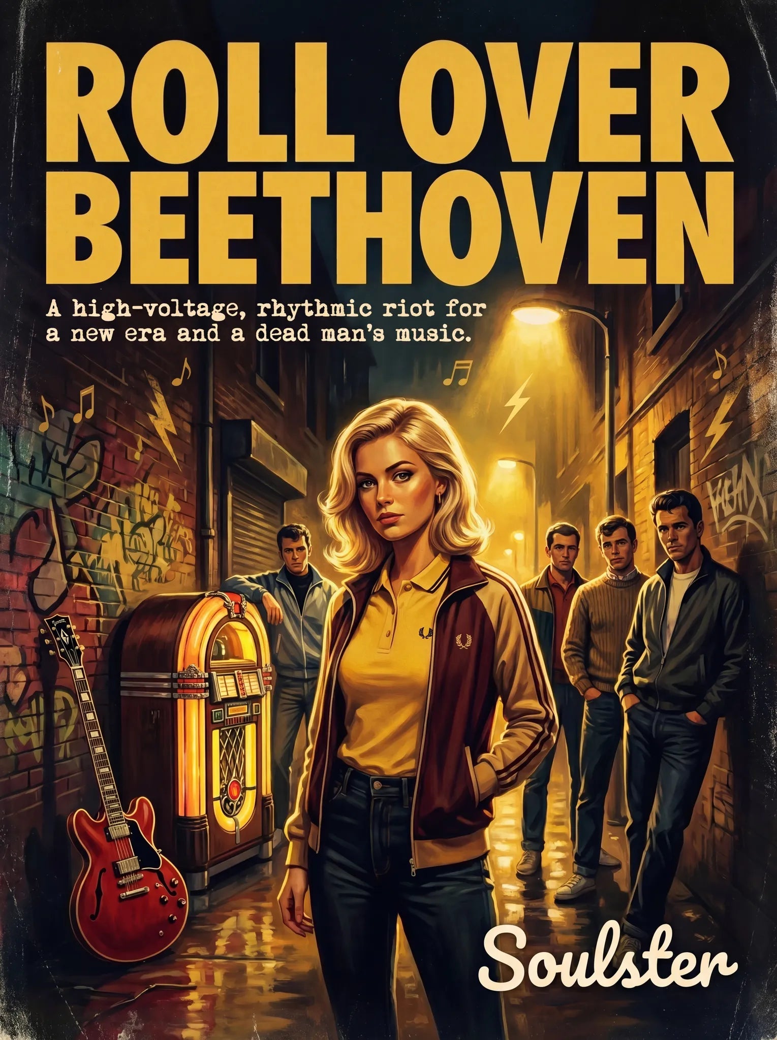 Soulster retro pulp thriller book cover style art print illustration inspired by Alternative Indie - Roll Over Beethoven.