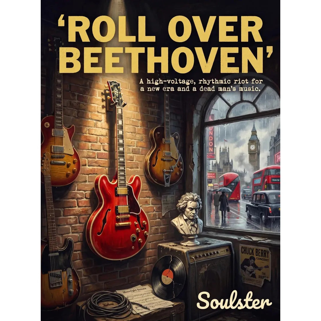 Soulster Manchester Edition wall art print showing a cinematic pulp style design of a Gibson ES-355 Custom inspired by Roll Over Beethoven - London.