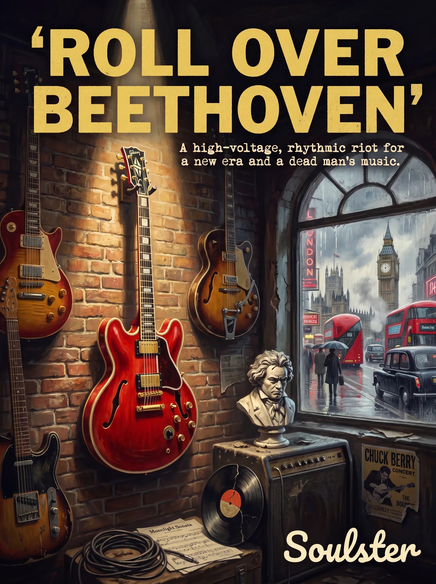 Soulster Manchester Edition wall art print showing a cinematic pulp style design of a Gibson ES-355 Custom inspired by Roll Over Beethoven - London.
