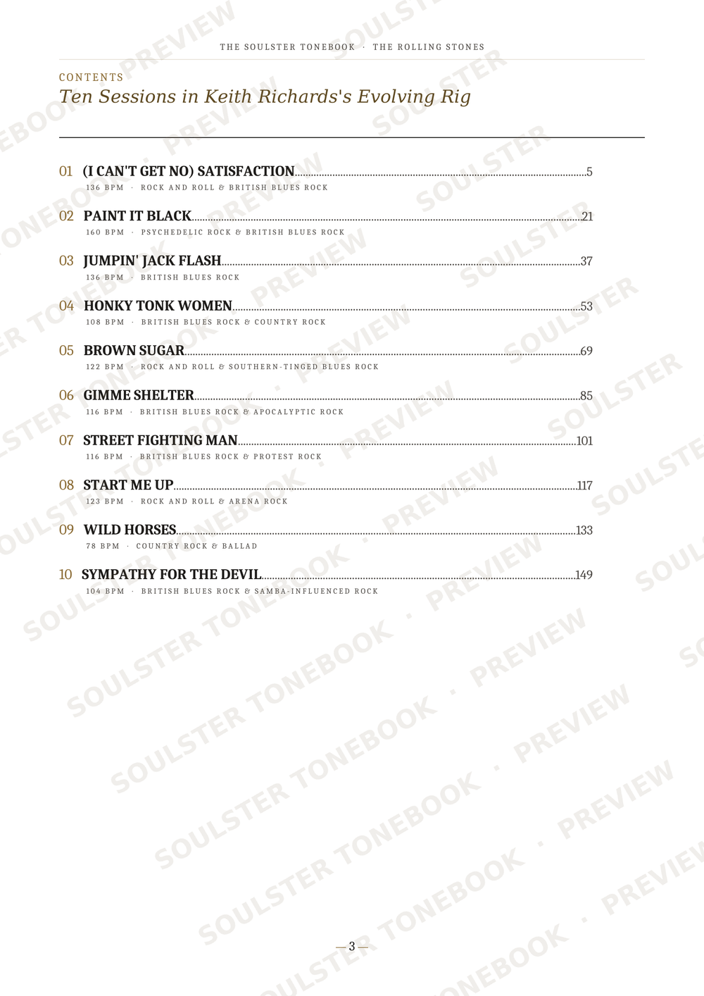 A printed table of contents page from a music book or album booklet, titled 'Ten Sessions in Keith Richards's Evolving Rig,' with song titles, numbers, and page numbers on a white page. Repeated diagonal 'SOULSTER TONEBOOK' watermarks are visible across the page.