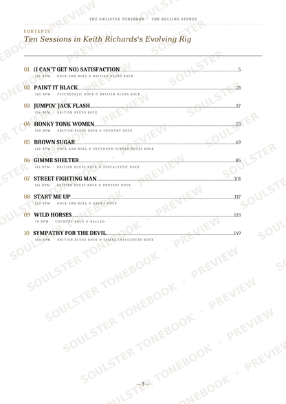 A printed table of contents page from a music book or album booklet, titled 'Ten Sessions in Keith Richards's Evolving Rig,' with song titles, numbers, and page numbers on a white page. Repeated diagonal 'SOULSTER TONEBOOK' watermarks are visible across the page.
