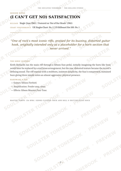 A page from a music book or booklet showing the front cover of a song titled '(I CAN'T GET NO) SATISFACTION' with release details, a quote, and song history text. The page has a white background with gray text and repeated diagonal 'SOULSTER TONEMASTER PREVIEW' watermarks across it.