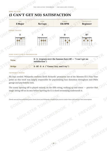 A guitar chord instruction sheet for the song '(I Can't Get No) Satisfaction' by The Rolling Stones, showing E Major chord diagrams, finger placement, strumming, and lyrics with watermark text overlays.