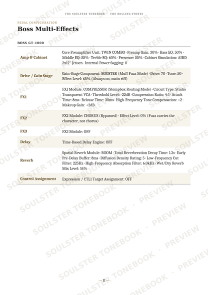 A page of text detailing the 'Boss Multi-Effects' settings for the 'BOSS GT-1000' synthesizer, featuring a table with columns for parameters like Amp, Drive, FX, FX2, FX3, Delay, and Reverb, set against a white background with a diagonal watermark.