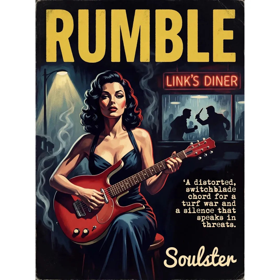 Soulster cinematic vintage pulp book cover art print illustration styled in a classic 1950s theme inspired by Rumble.
