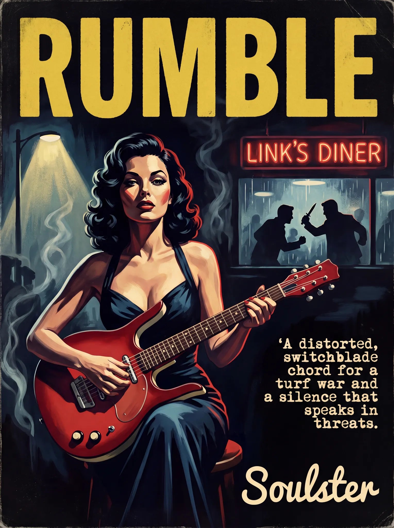 Soulster cinematic vintage pulp book cover art print illustration styled in a classic 1950s theme inspired by Rumble.
