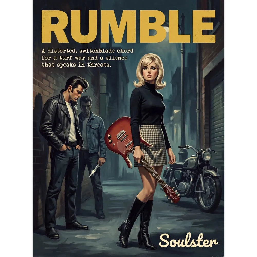 Soulster cinematic vintage pulp book cover art print illustration styled in a classic 1960s theme inspired by Rumble.