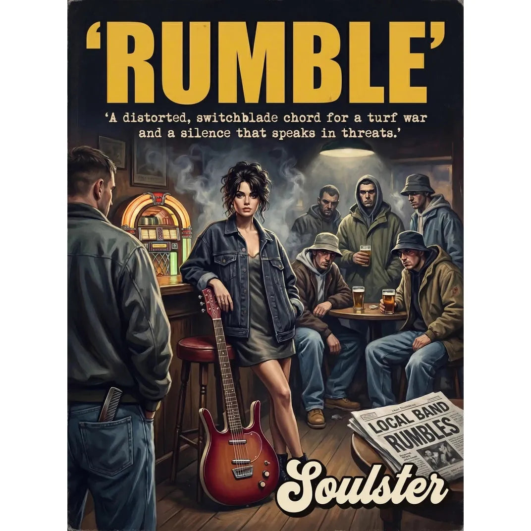 Soulster cinematic vintage pulp book cover art print illustration styled in a classic 1990s theme inspired by Rumble.