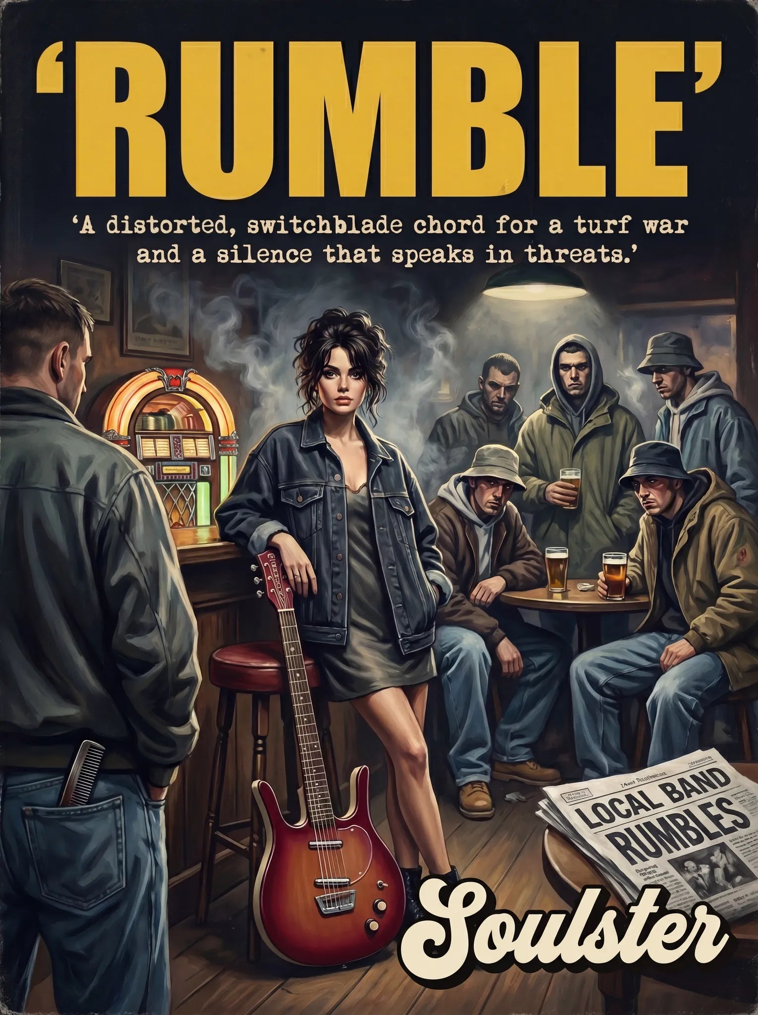 Soulster cinematic vintage pulp book cover art print illustration styled in a classic 1990s theme inspired by Rumble.