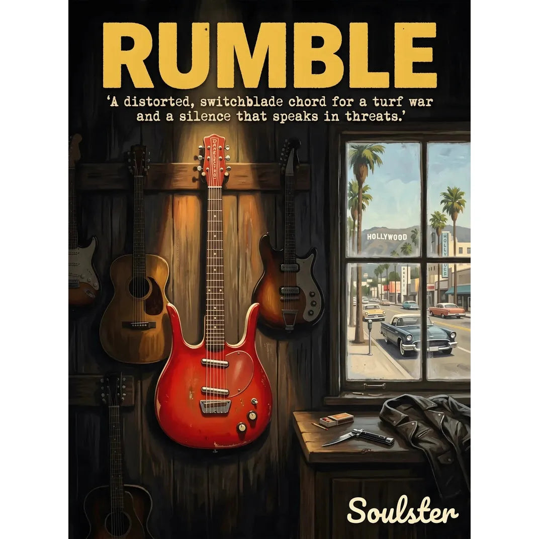 Soulster Manchester Edition wall art print showing a cinematic pulp style design of a Vintage Guitar inspired by Rumble - Los Angeles.