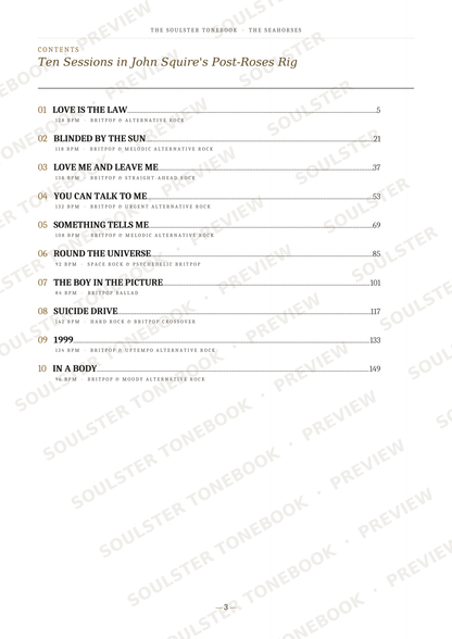 A printed table of contents page from 'The Soulster Tonebook' showing chapter and song titles for 'Ten Sessions in John Squire's Post-Roses Rig' with page numbers and repeated 'SOULSTER TONEBOOK PREVIEW' watermarks across the page.
