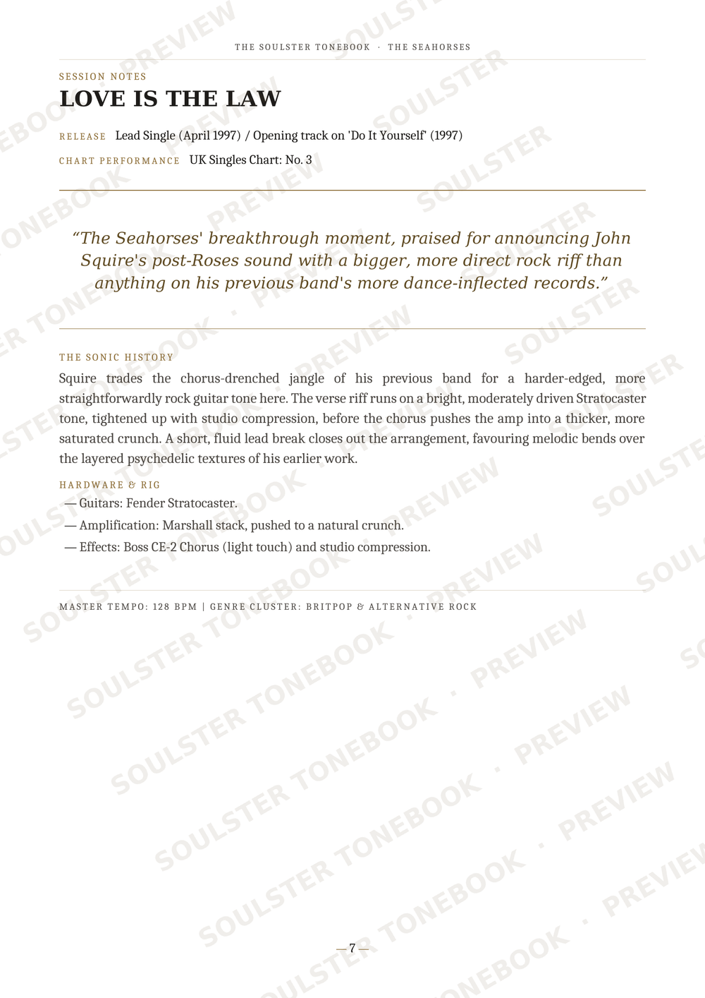 A scanned book or magazine page with the title 'LOVE IS THE LAW' at the top, followed by review text and track information for John Squire's band 'The Seahorses' on 'So It Feels Itself (1997)'. The page is mostly white with black text and repeated diagonal 'SOULSTORE.