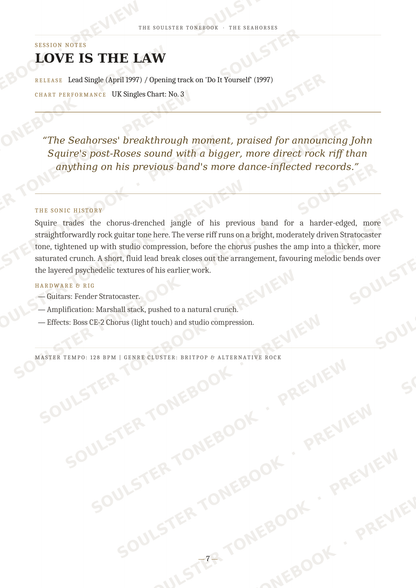 A scanned book or magazine page with the title 'LOVE IS THE LAW' at the top, followed by review text and track information for John Squire's band 'The Seahorses' on 'So It Feels Itself (1997)'. The page is mostly white with black text and repeated diagonal 'SOULSTORE.