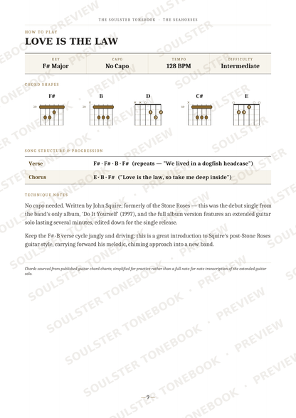 A guitar chord chart page for 'Love Is The Law' by John Squire's band Solitude Therapy, showing the F major chord, B and D chord variations, strumming patterns, and lyrics with a 'SOULSTER TONEBOOK' watermark.