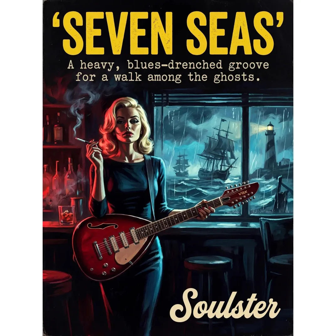 Soulster cinematic vintage pulp book cover art print illustration styled in a classic 1950s design layout inspired by Seven Seas.