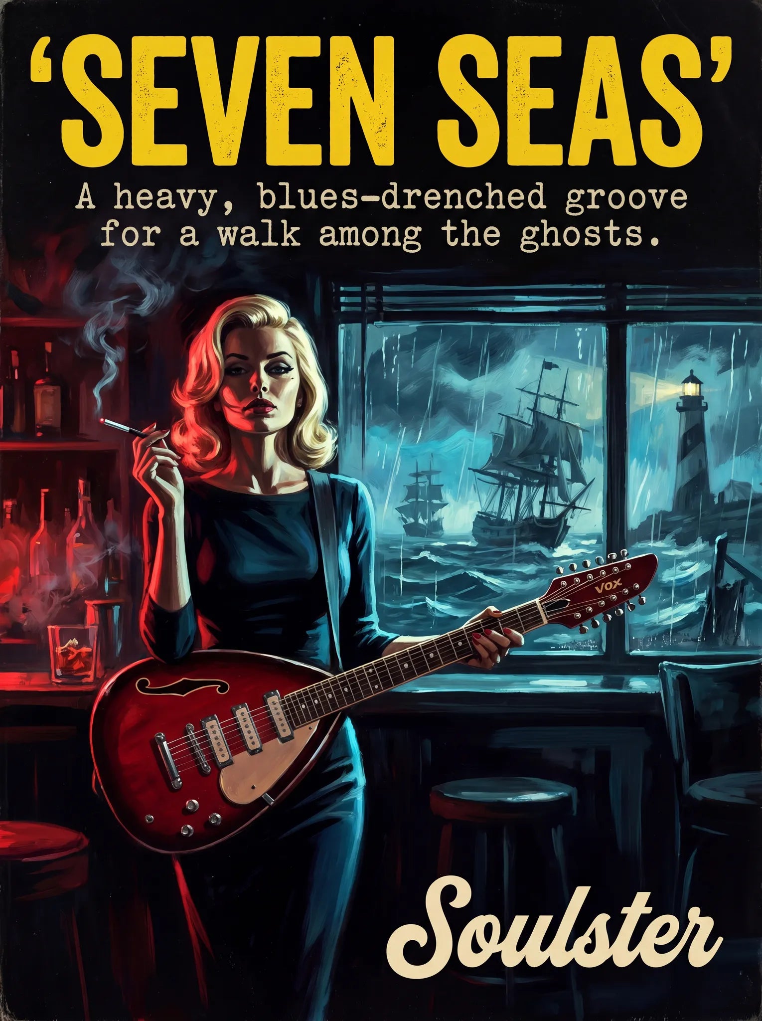 Soulster cinematic vintage pulp book cover art print illustration styled in a classic 1950s design layout inspired by Seven Seas.