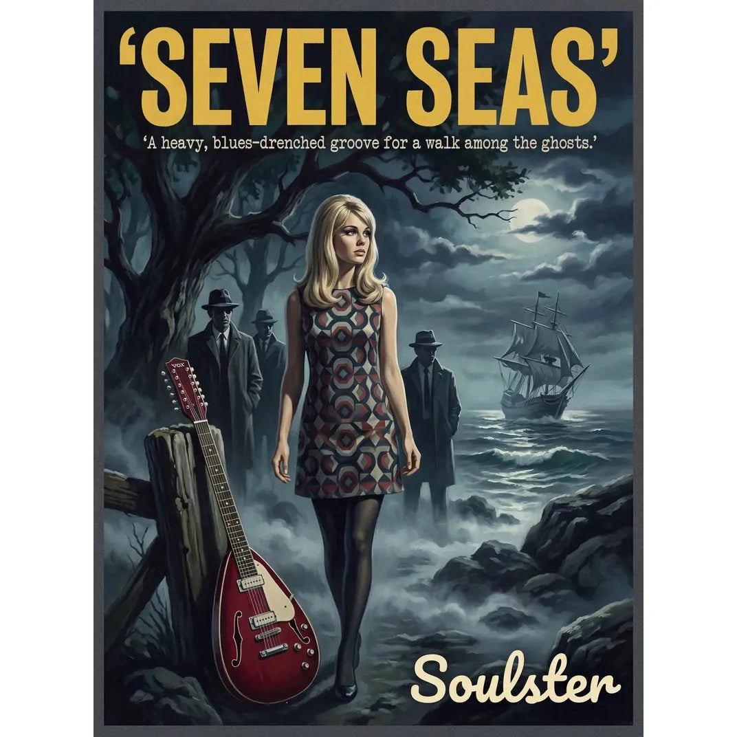 Soulster cinematic vintage pulp book cover art print illustration styled in a classic 1960s design layout inspired by Seven Seas.