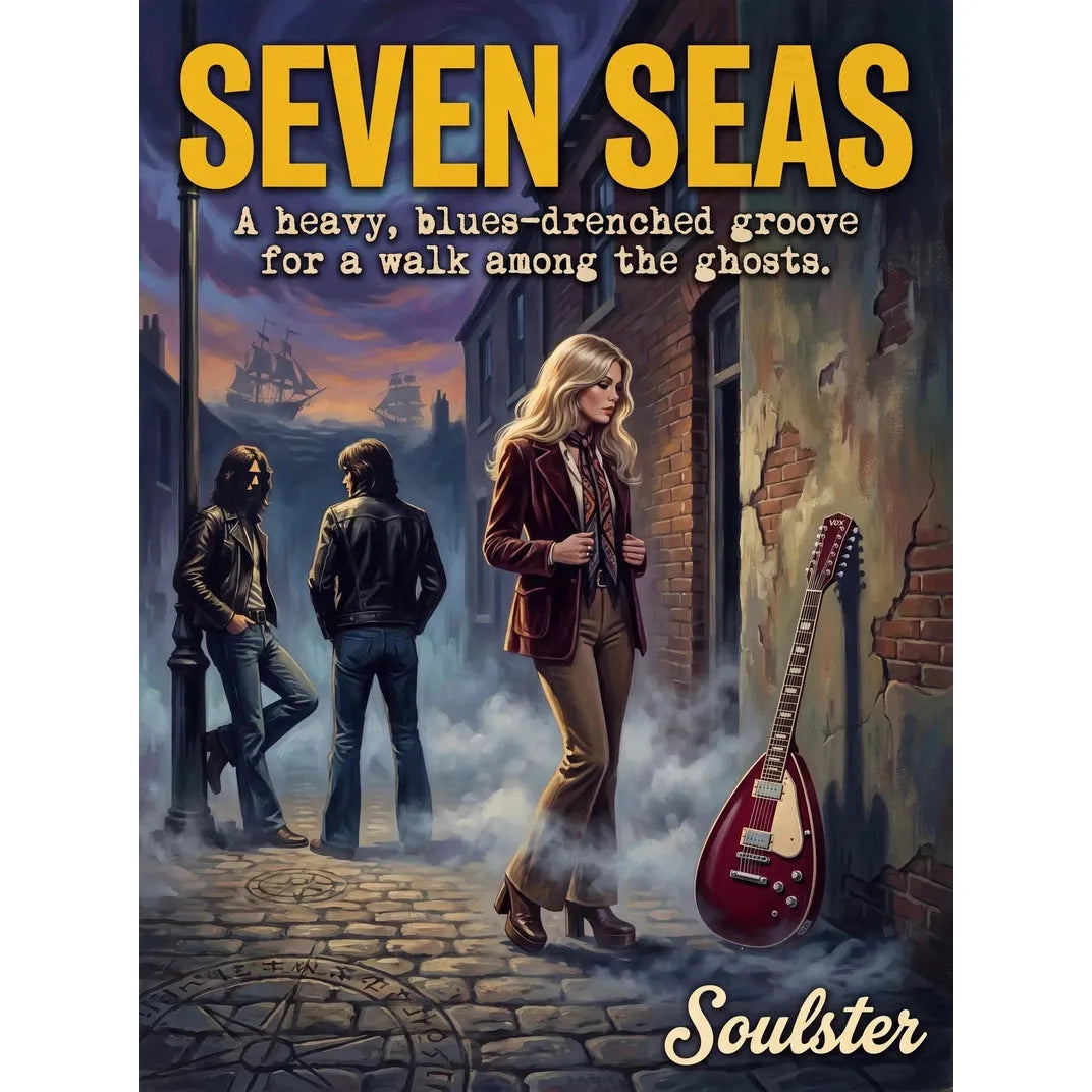 Soulster cinematic vintage pulp book cover art print illustration styled in a classic 1970s design layout inspired by Seven Seas.